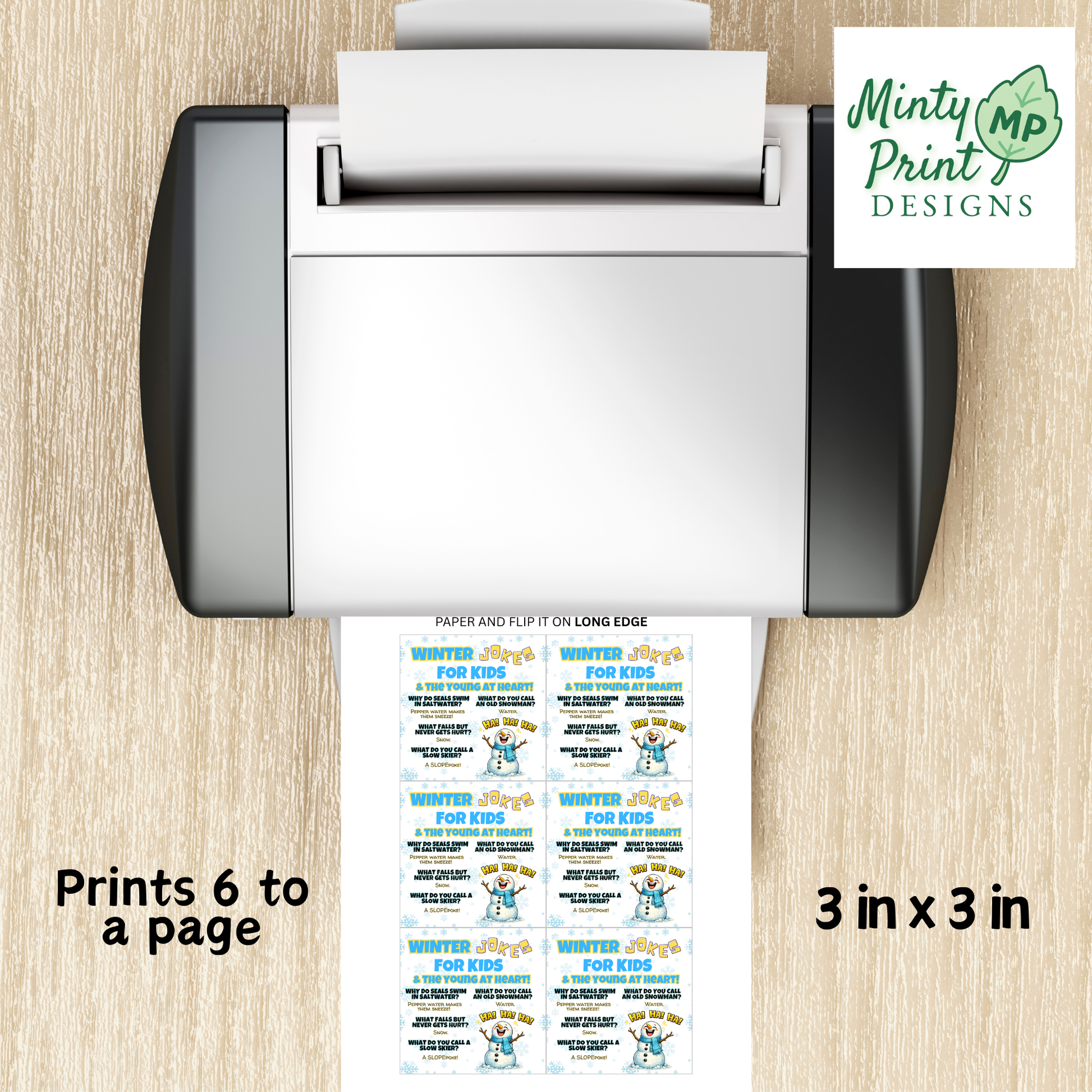Printable winter pop-by tag template showing 6 tags per page with double-sided printing instructions for easy client appreciation gifts.
