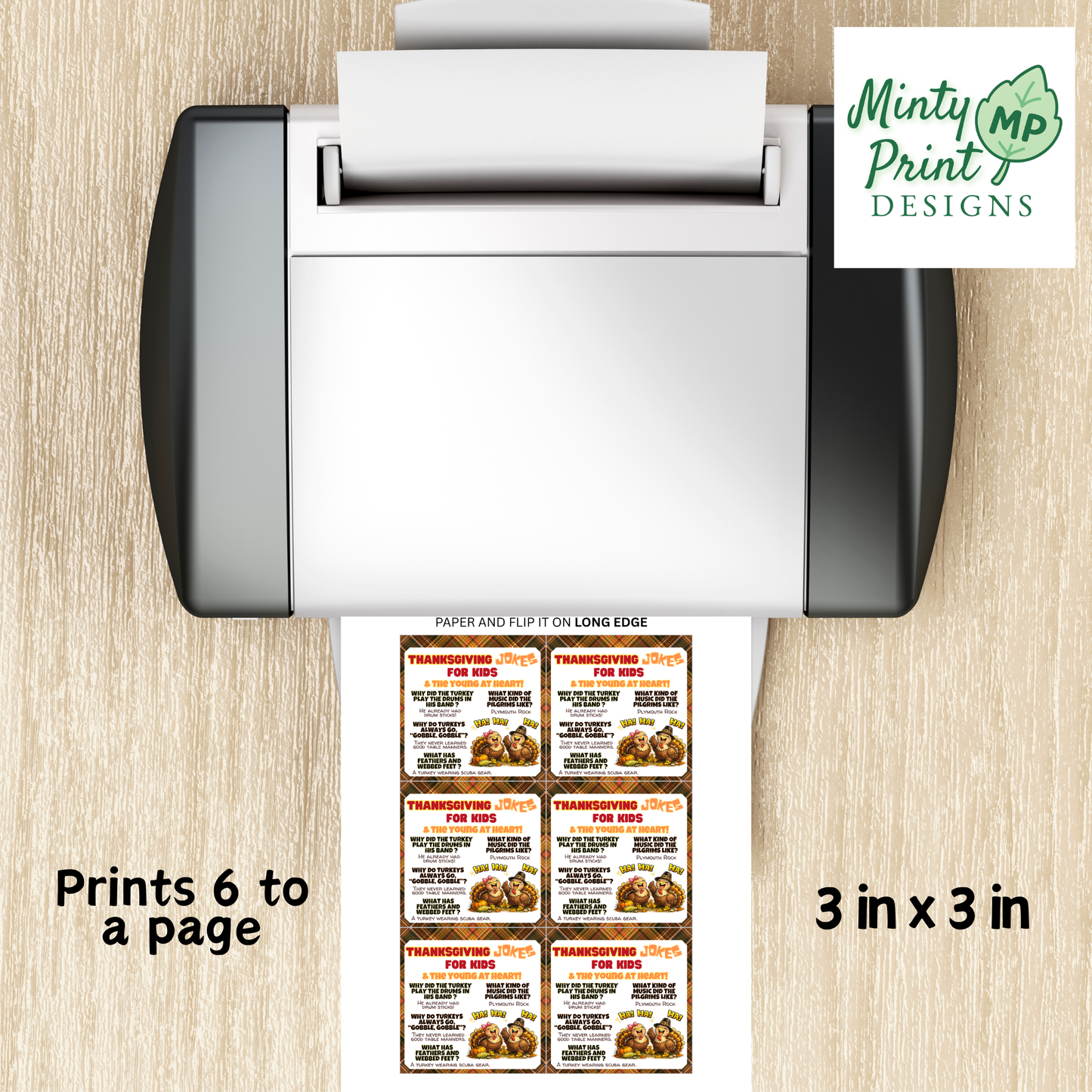 Printable Thanksgiving pop-by tag template showing 6 tags per page with double-sided printing instructions for easy client gift marketing.