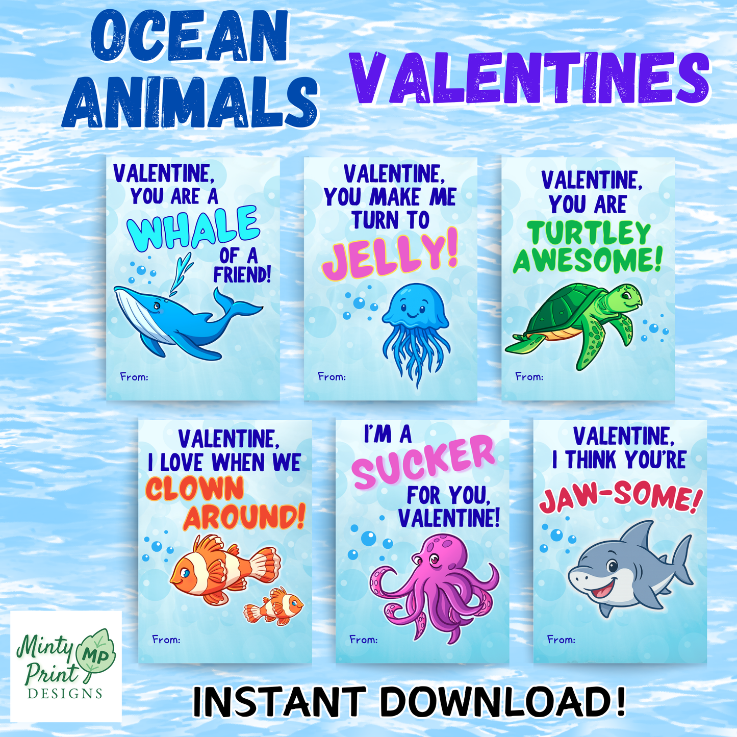 Printable ocean animal Valentine cards for kids