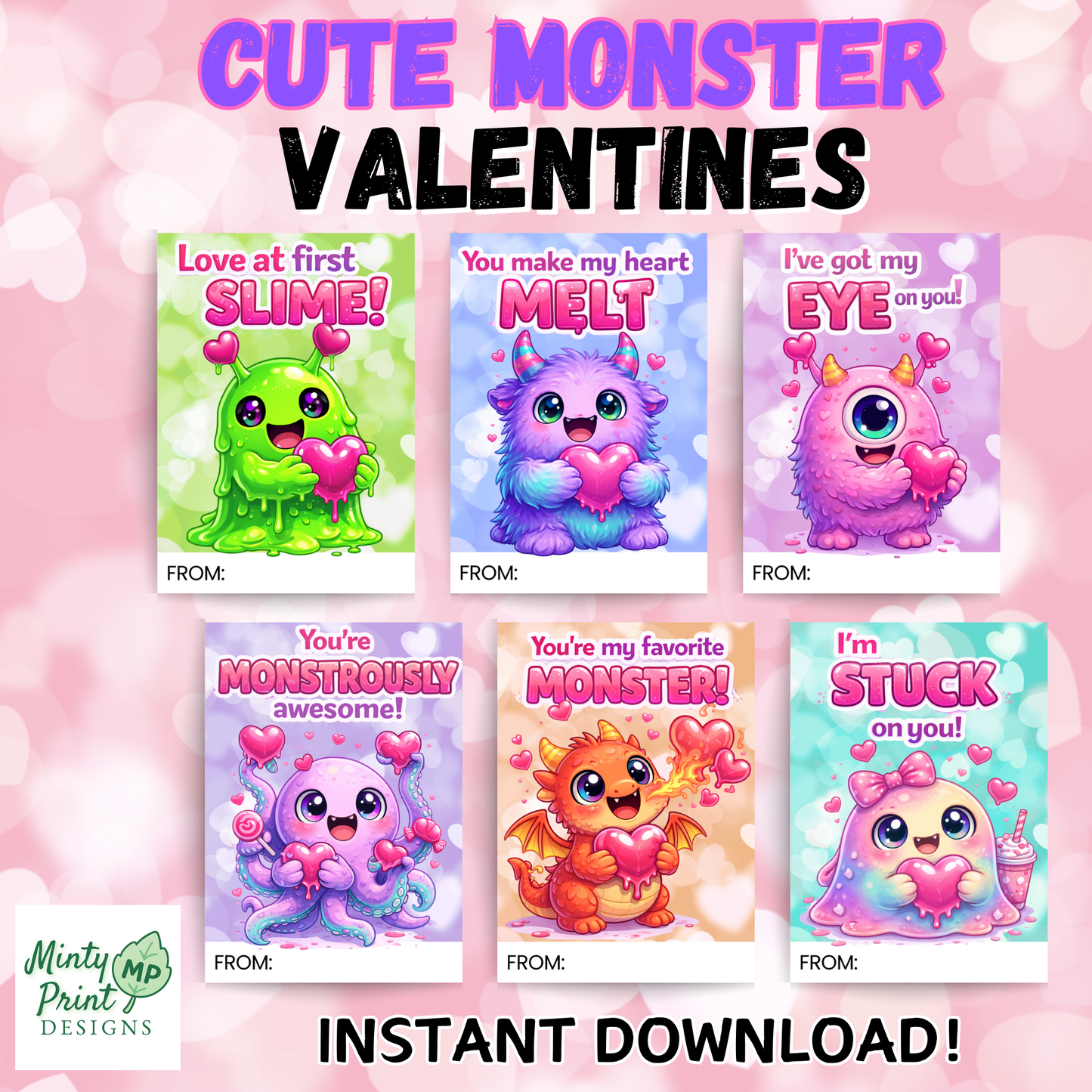 Cute monster Valentine cards printable for kids classroom exchange