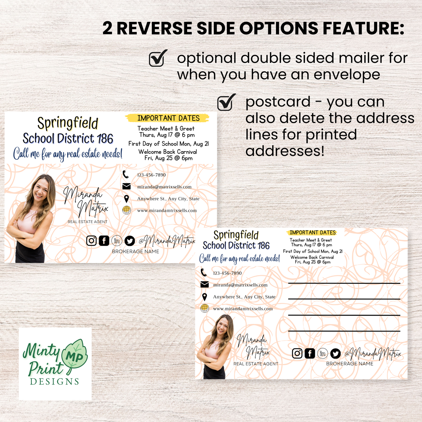 Editable back to school postcard template with school calendar dates