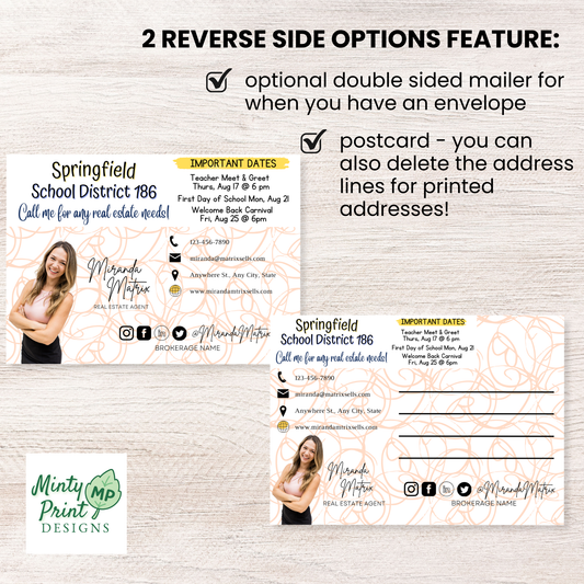 Editable back to school postcard template with school calendar dates