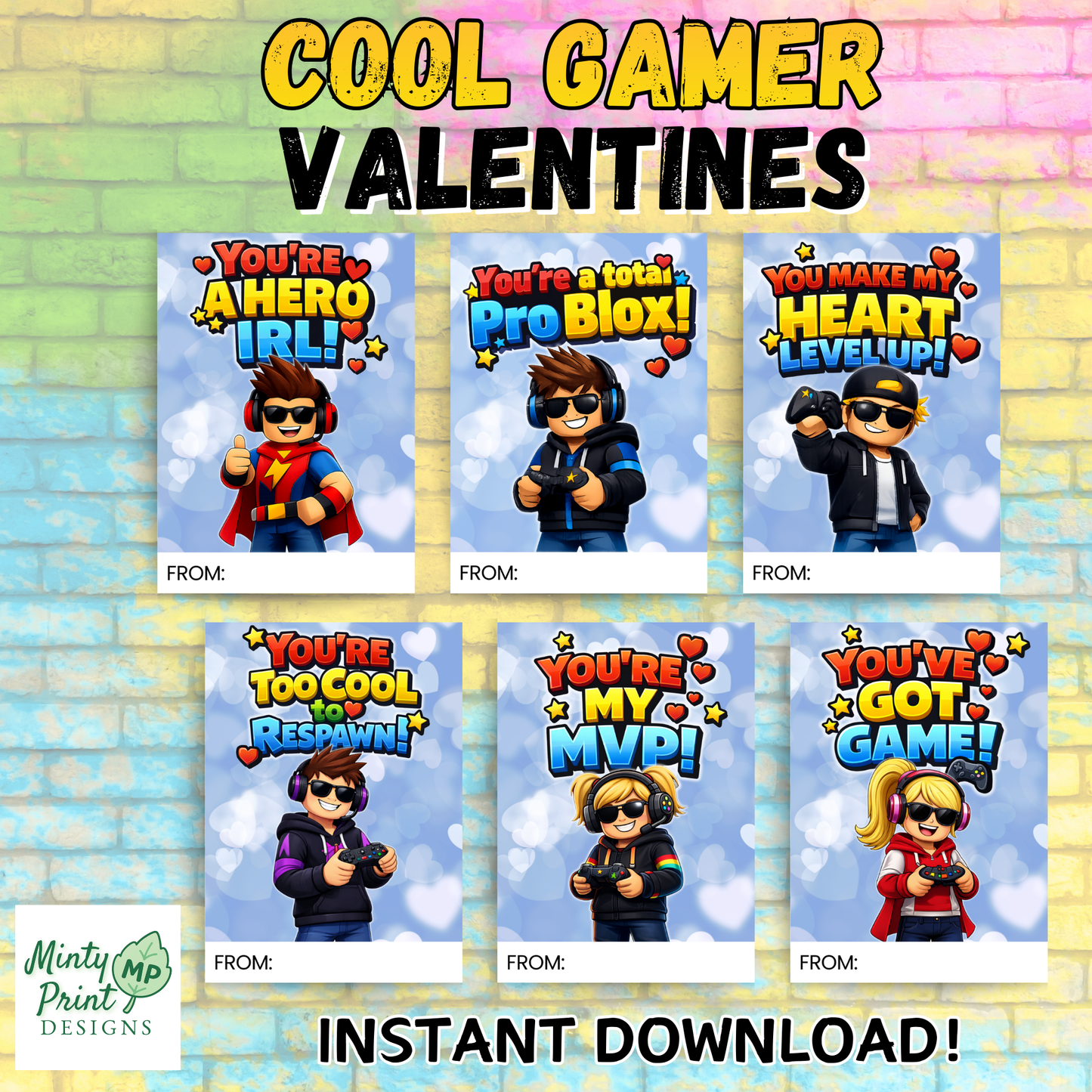 Gamer Valentines for kids featuring video game inspired characters and bold lettering