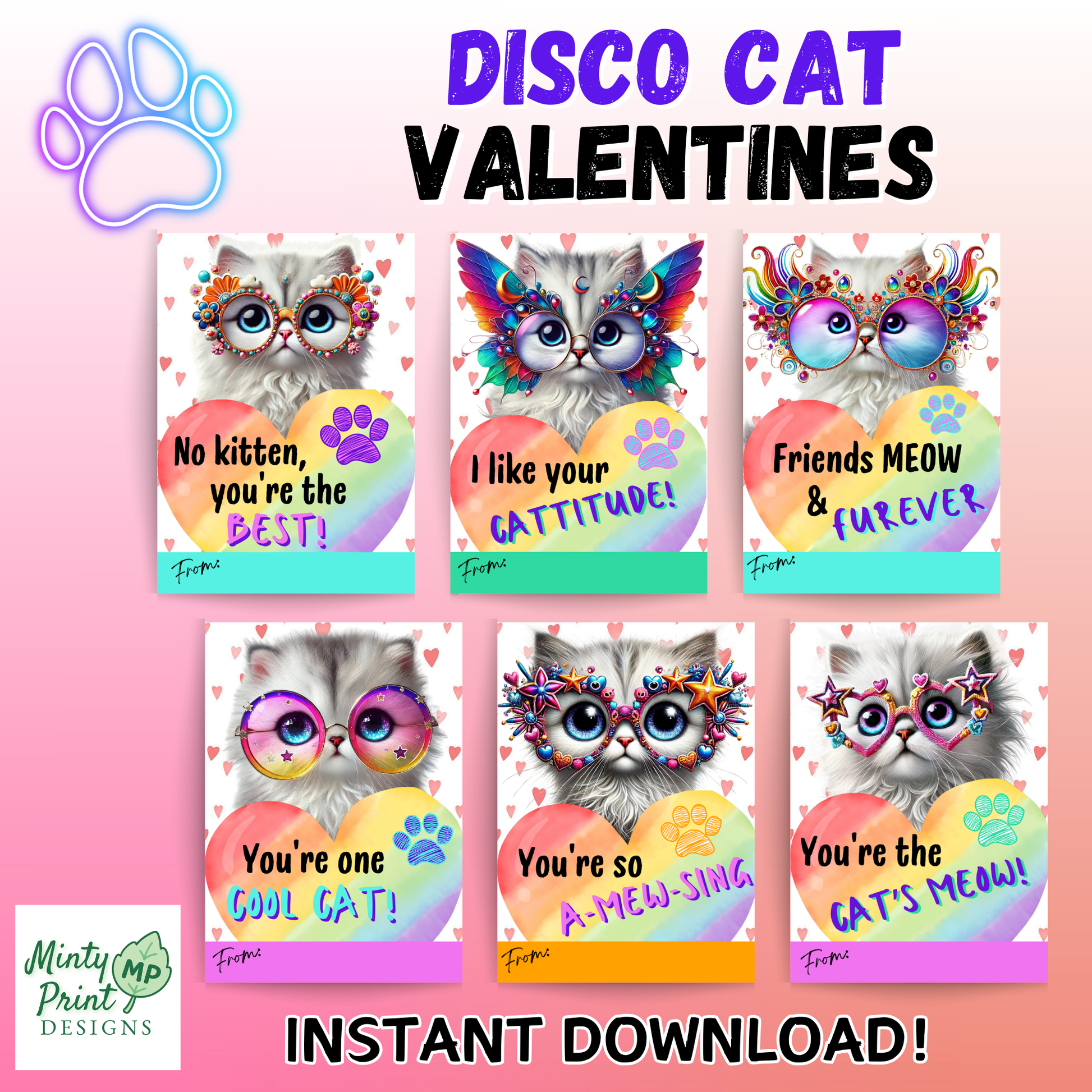 Printable Valentine cards featuring a funky disco cat with retro colors—perfect for classroom exchanges