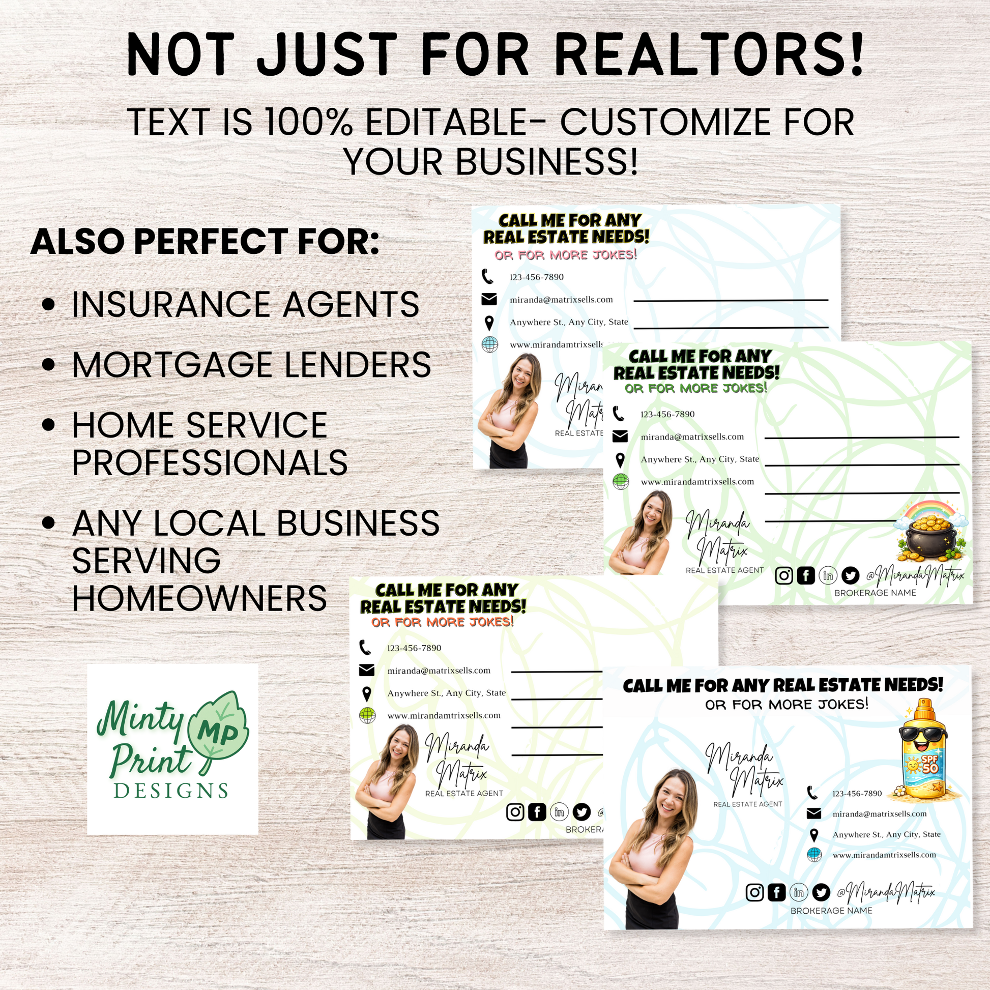 Seasonal joke postcard set for realtors, 12 editable marketing templates