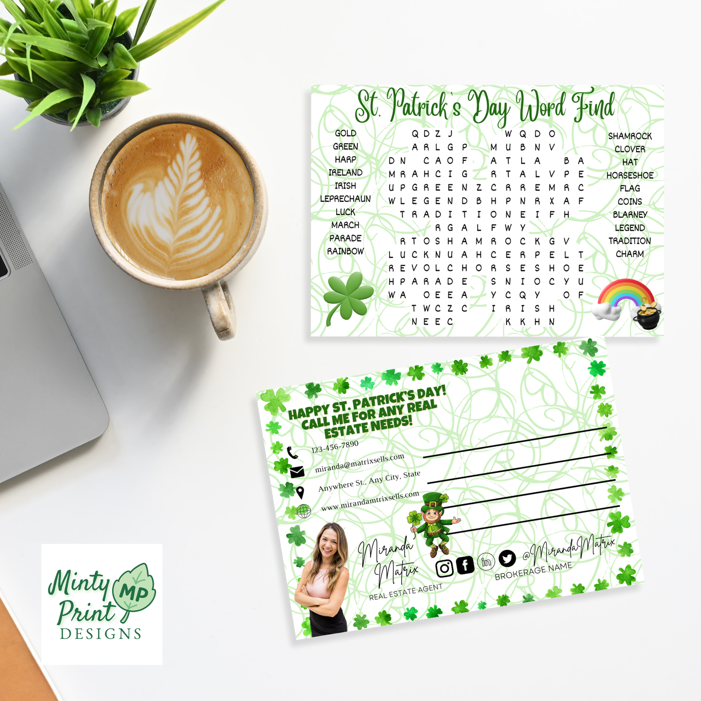 St. Patrick’s Day word search postcard editable Canva template front and back