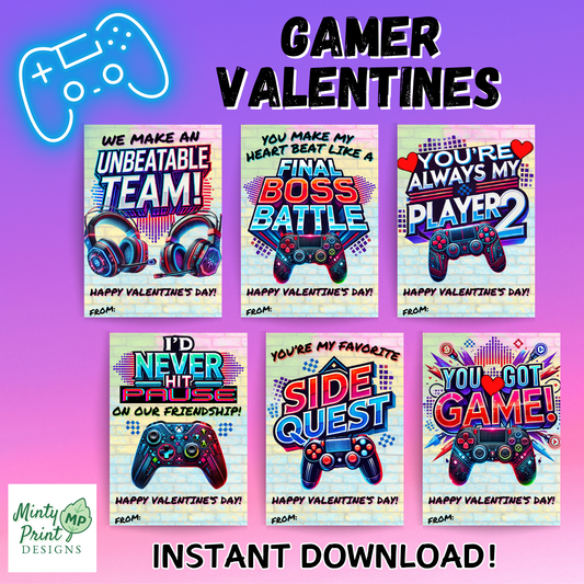 Printable gamer-themed Valentines featuring colorful controller designs inspired by PlayStation and Xbox style gaming. Includes fun phrases and vibrant blue and purple accents.