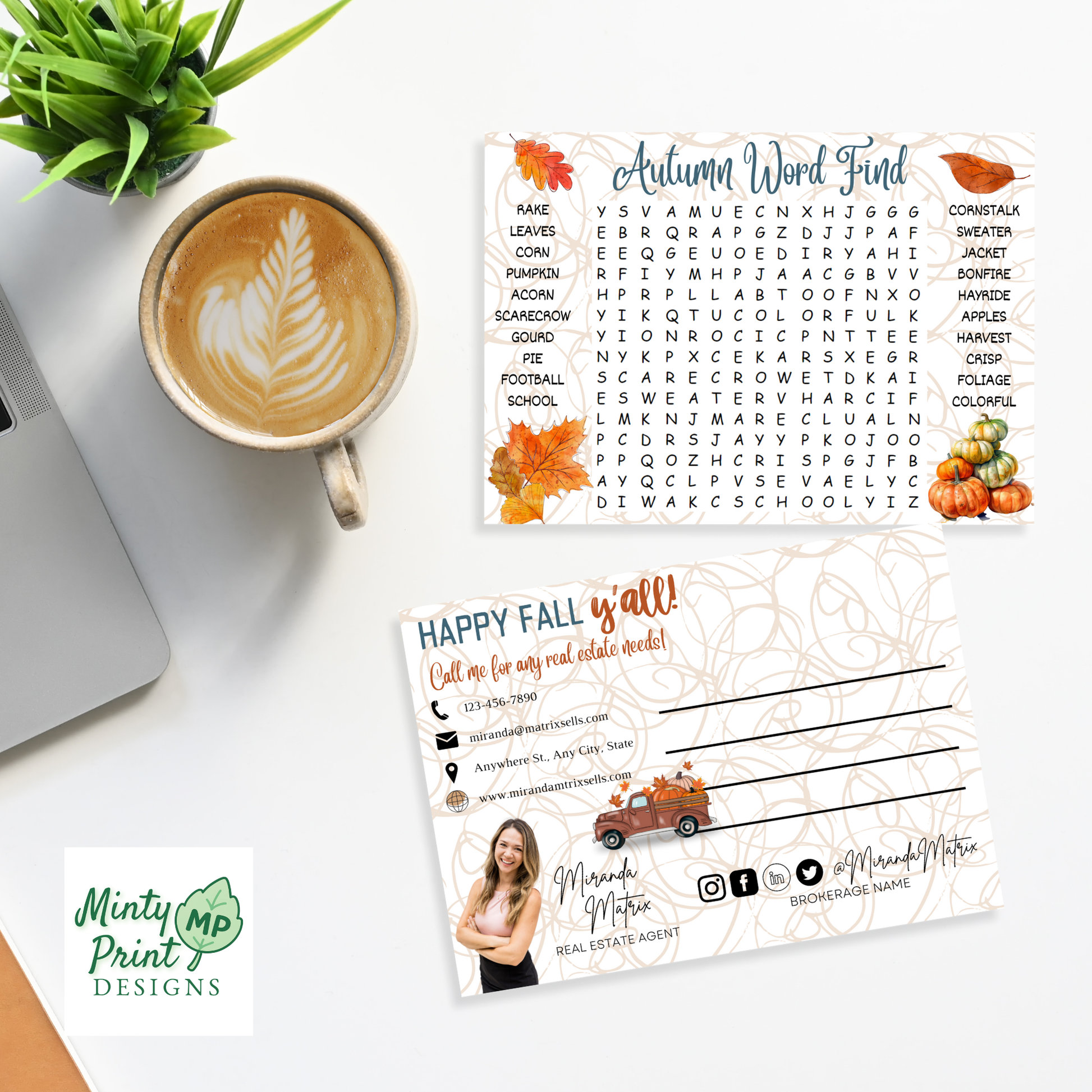 Autumn word search postcard template with reverse mailer option