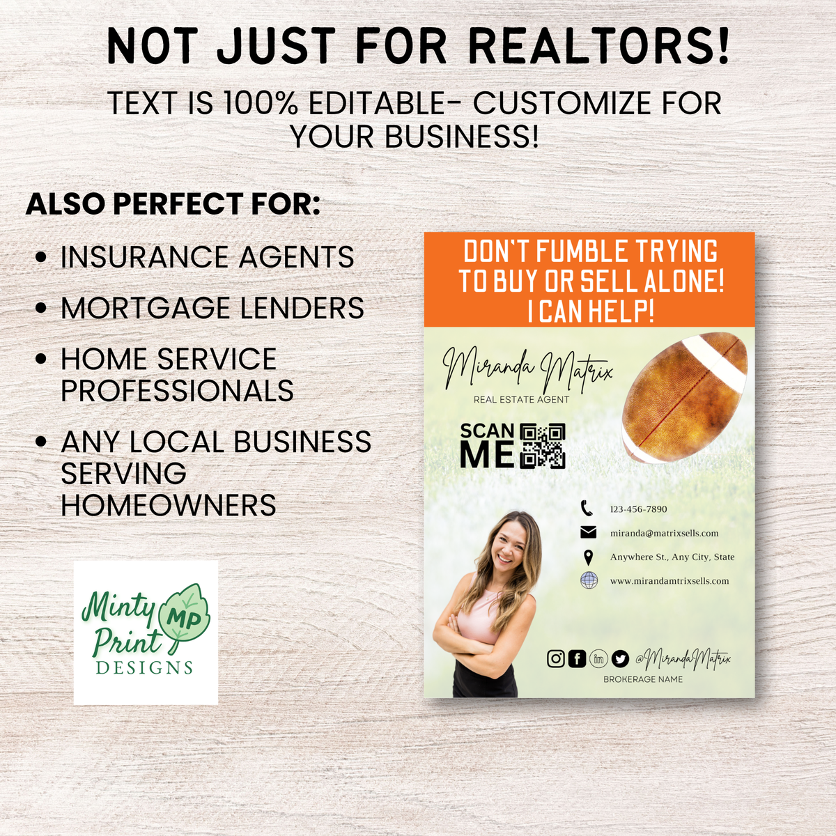Customizable football season real estate marketing cards available for any team city or colors