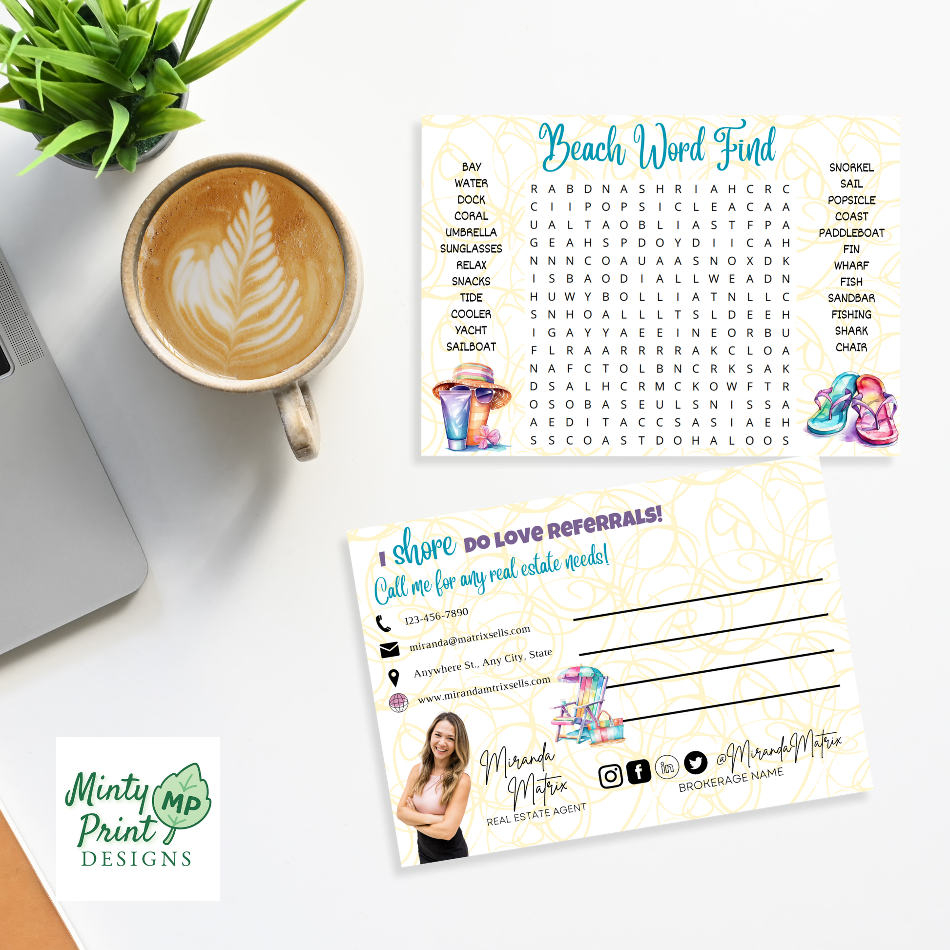 Beach word search postcard Canva template lifestyle mockup