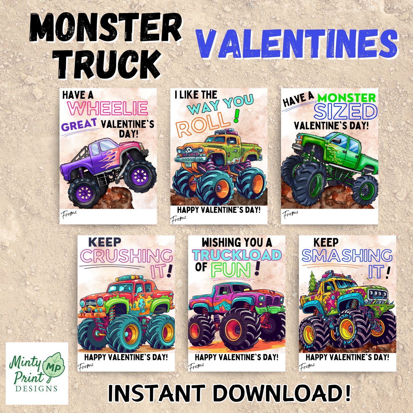 Colorful monster truck Valentines printable for kids, set of 6 fun classroom Valentine cards
