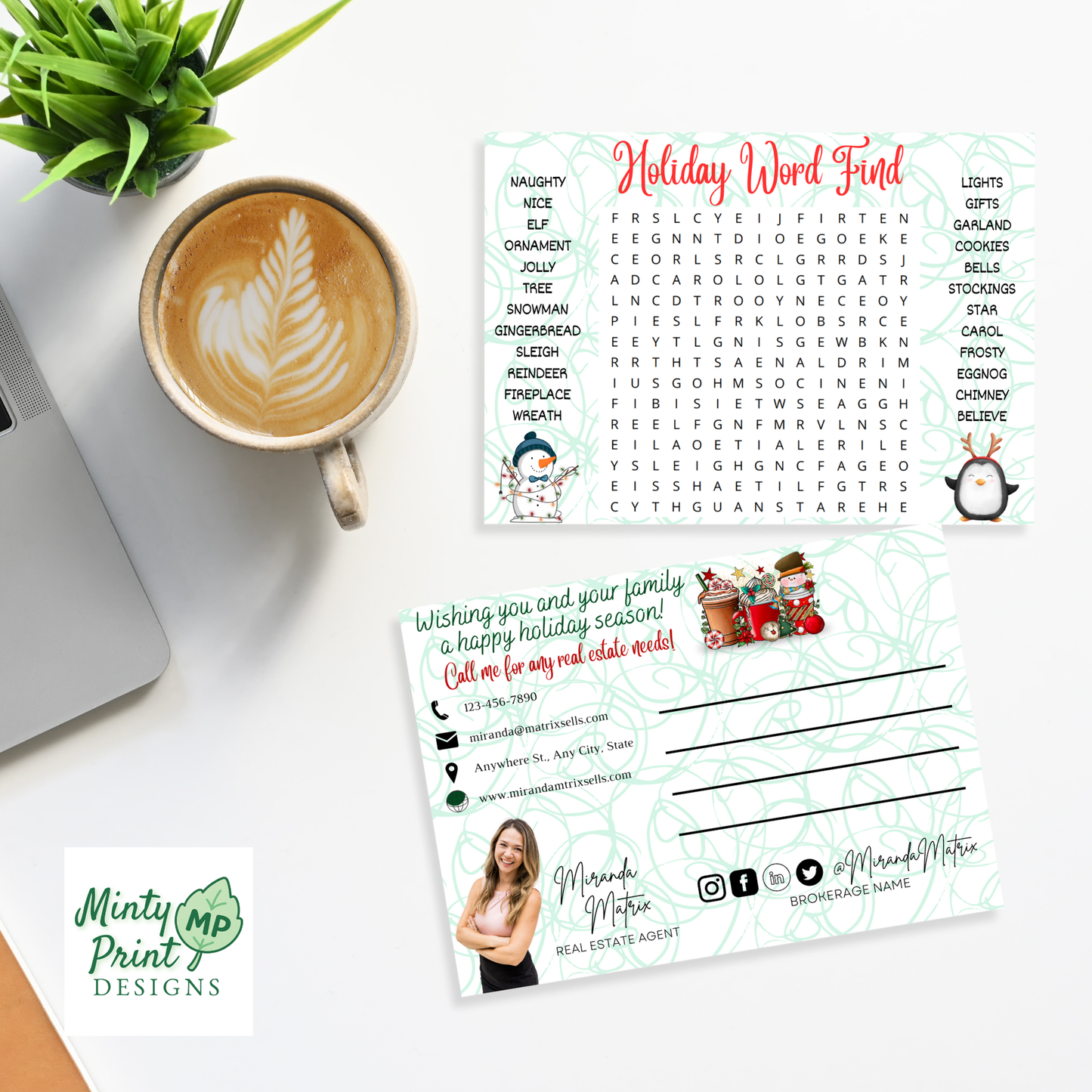 Holiday Christmas word search postcard editable Canva instant download