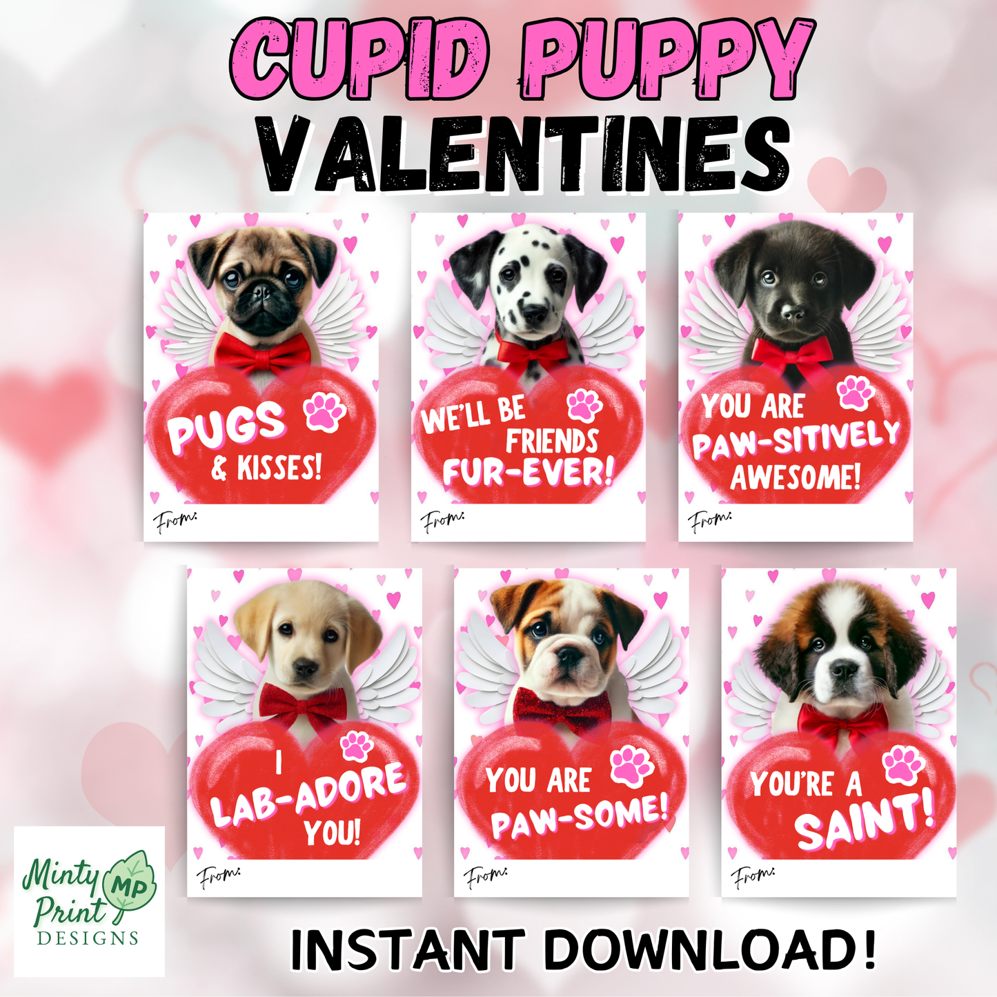 Printable Valentines sheet for classroom exchange — cute dog theme