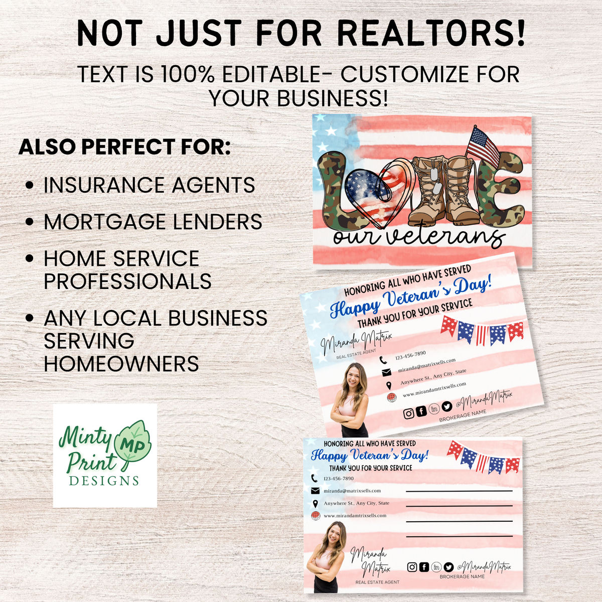 Military appreciation real estate postcard featuring American flag design and Honoring All Who Have Served message