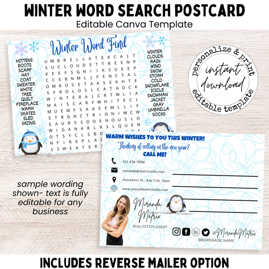 Winter word search postcard editable Canva template front and back