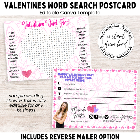 Valentine word search postcard editable Canva template front and back
