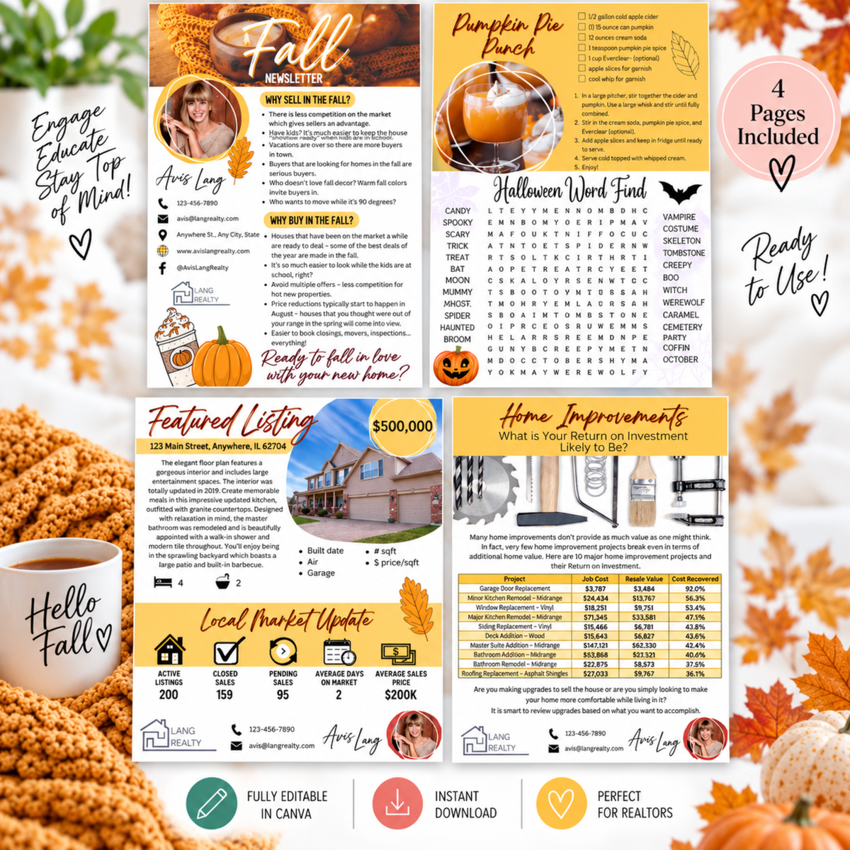 Fall Realtor newsletter template for Canva with four editable pages featuring autumn real estate tips, market updates, recipe, word search and homeowner content.