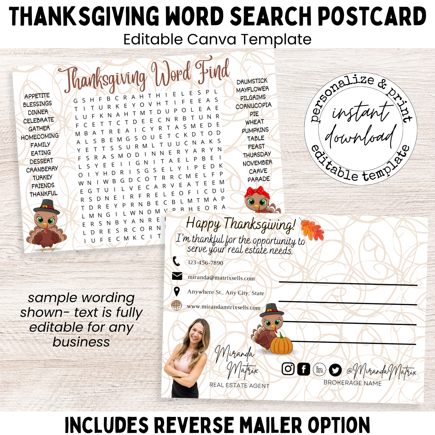 Thanksgiving word search postcard editable Canva template front and back