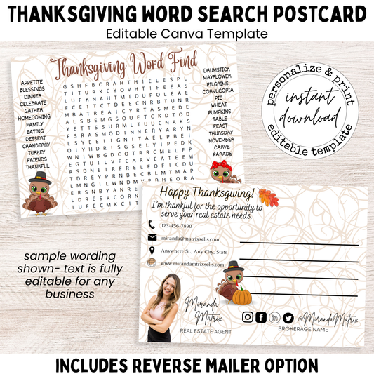 Thanksgiving word search postcard editable Canva template front and back