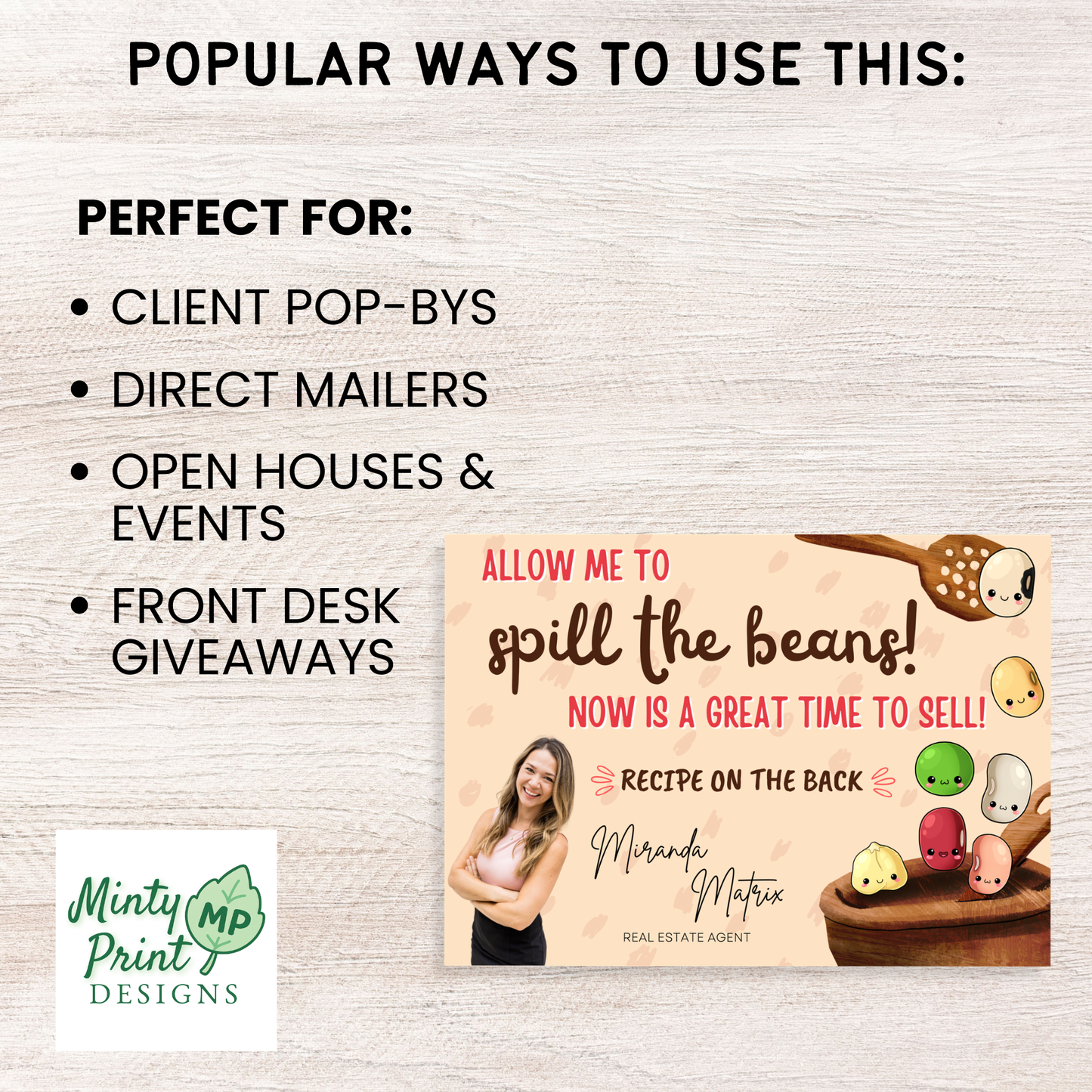 Funny real estate marketing postcard design featuring cute beans and summer recipe theme.