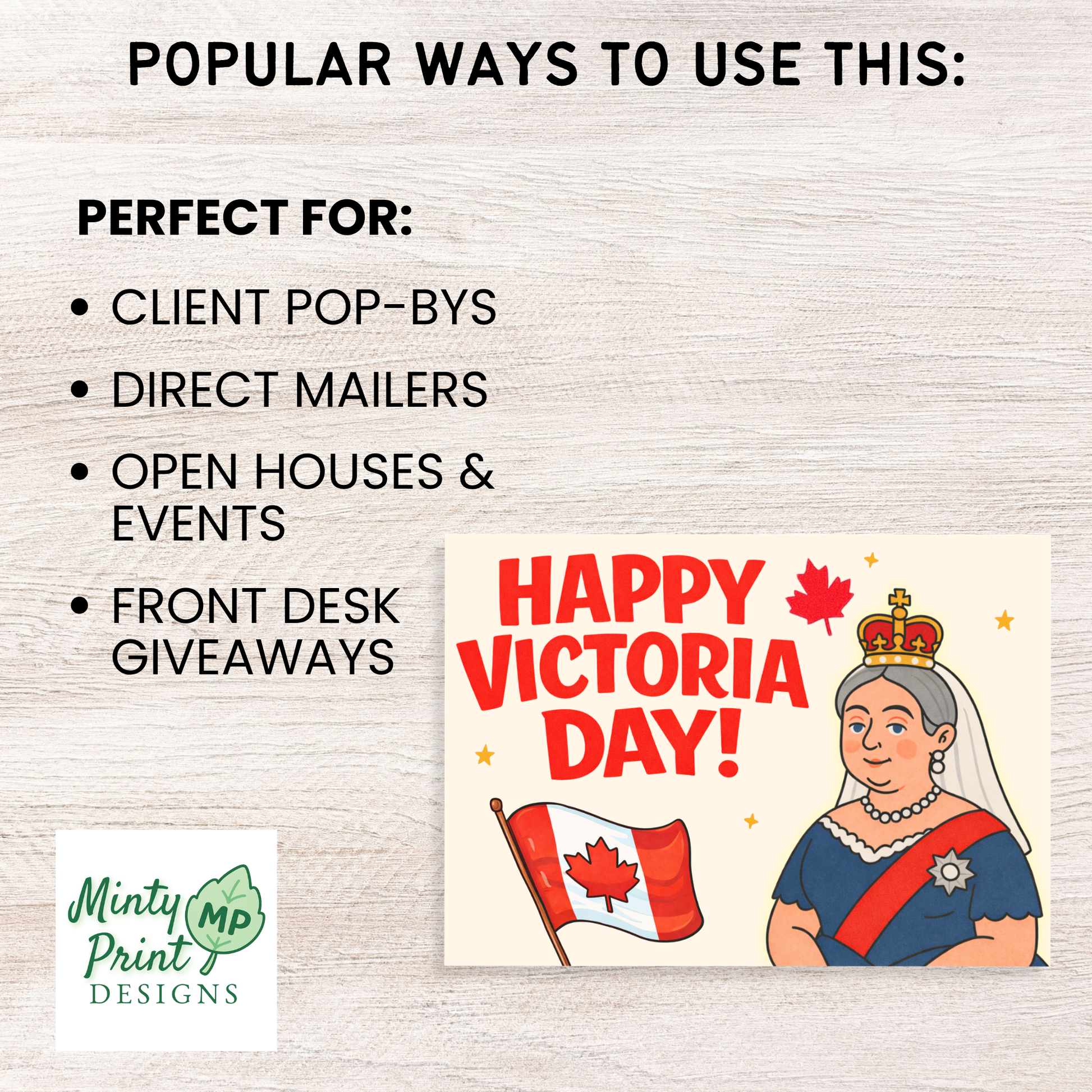 Victoria Day real estate marketing postcard shown as a client mailer with recipe and Canadian holiday theme