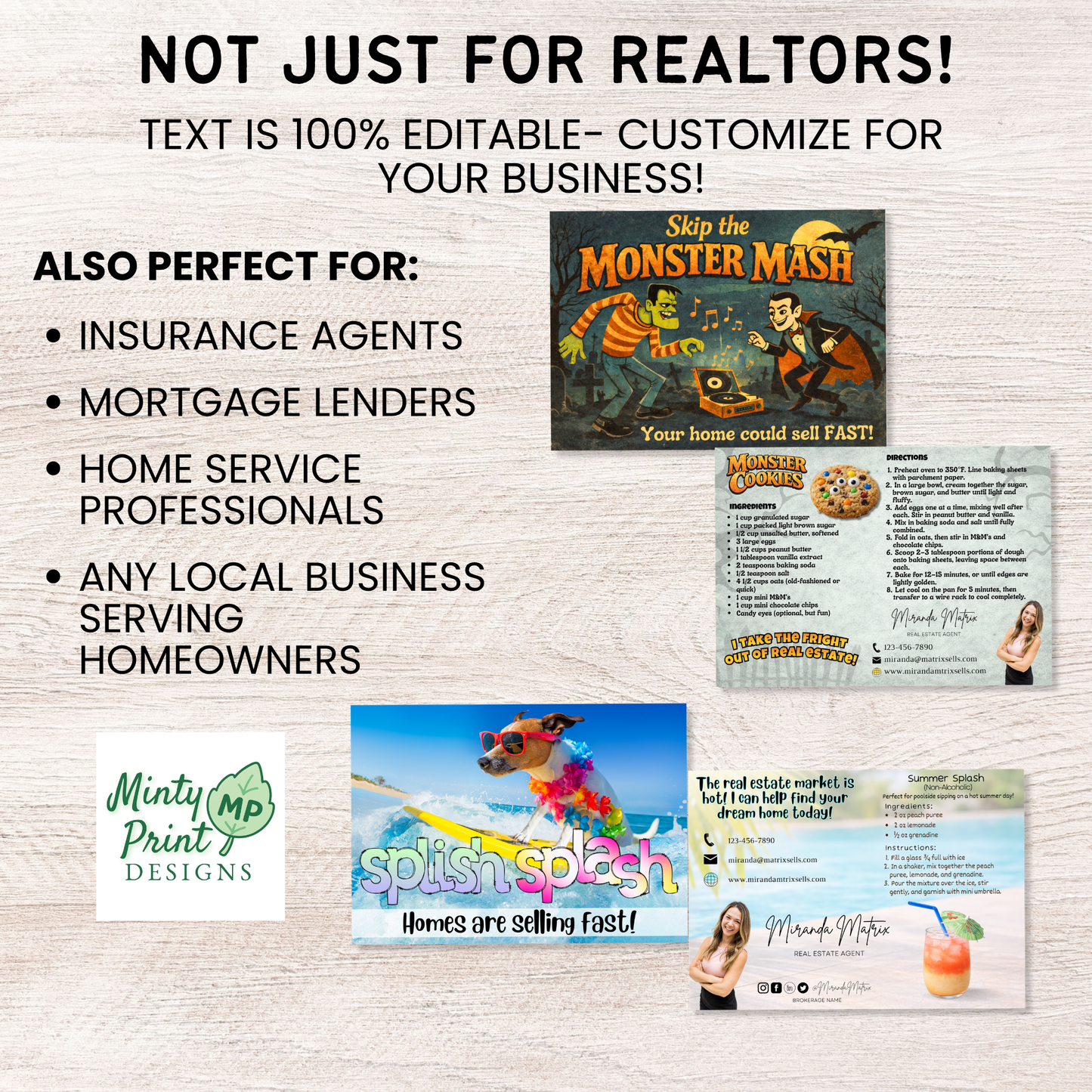 year round real estate marketing postcards with recipe cards for clients