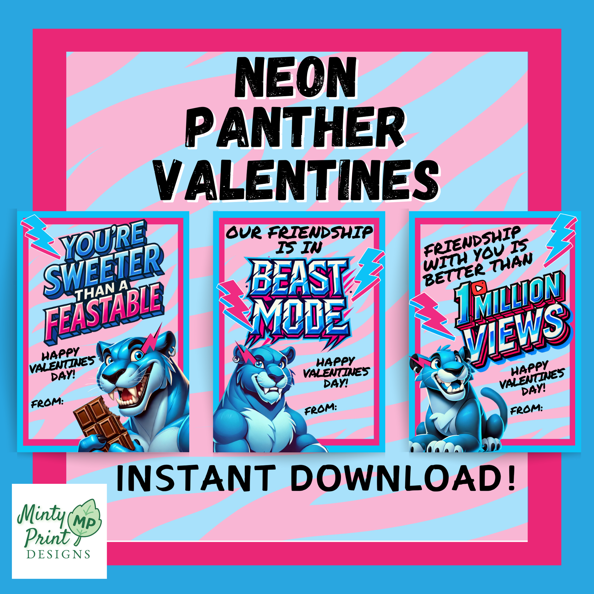 Printable neon panther valentine cards with bold gamer-style colors, lightning bolts, candy bar theme, and a beast-mode vibe great for kids who love gaming creators.