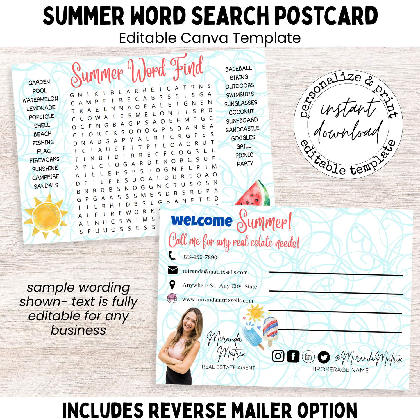 Summer word search postcard editable Canva template front and back