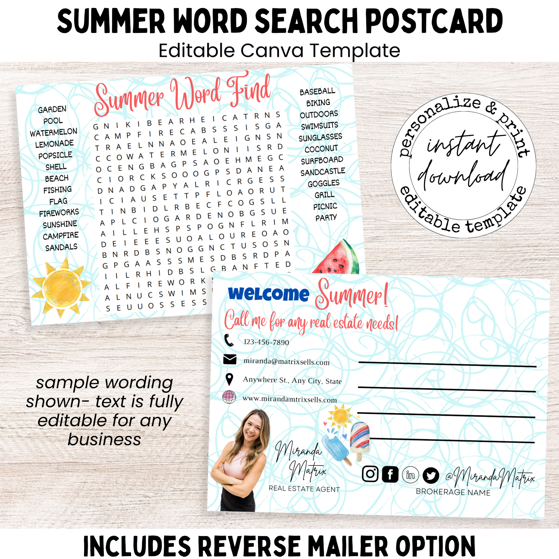 Summer word search postcard editable Canva template front and back