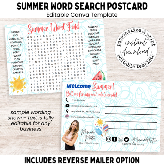 Summer word search postcard editable Canva template front and back
