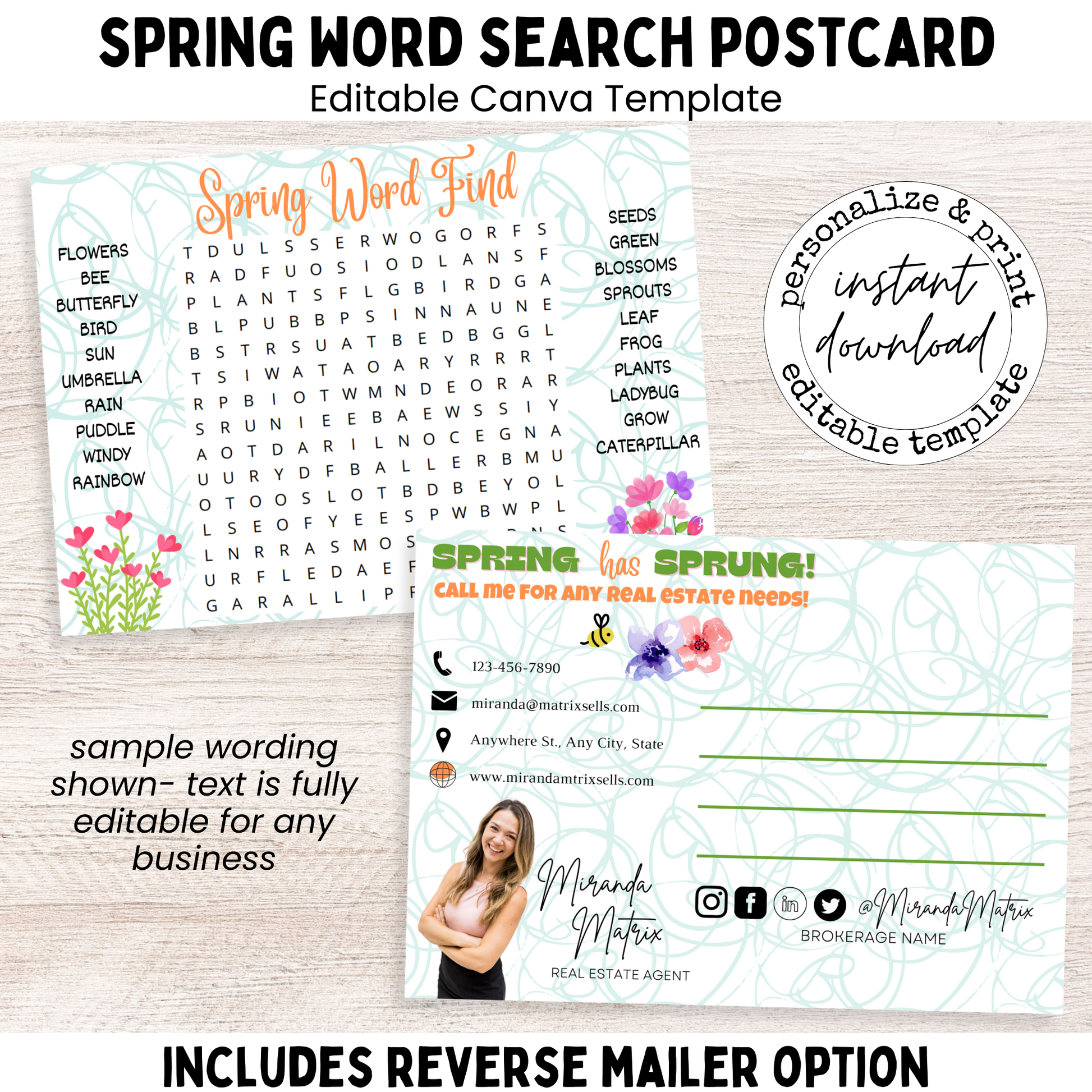 Spring word search postcard editable Canva template with front puzzle and reverse mailer design for client appreciation