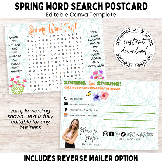 Spring word search postcard editable Canva template with front puzzle and reverse mailer design for client appreciation