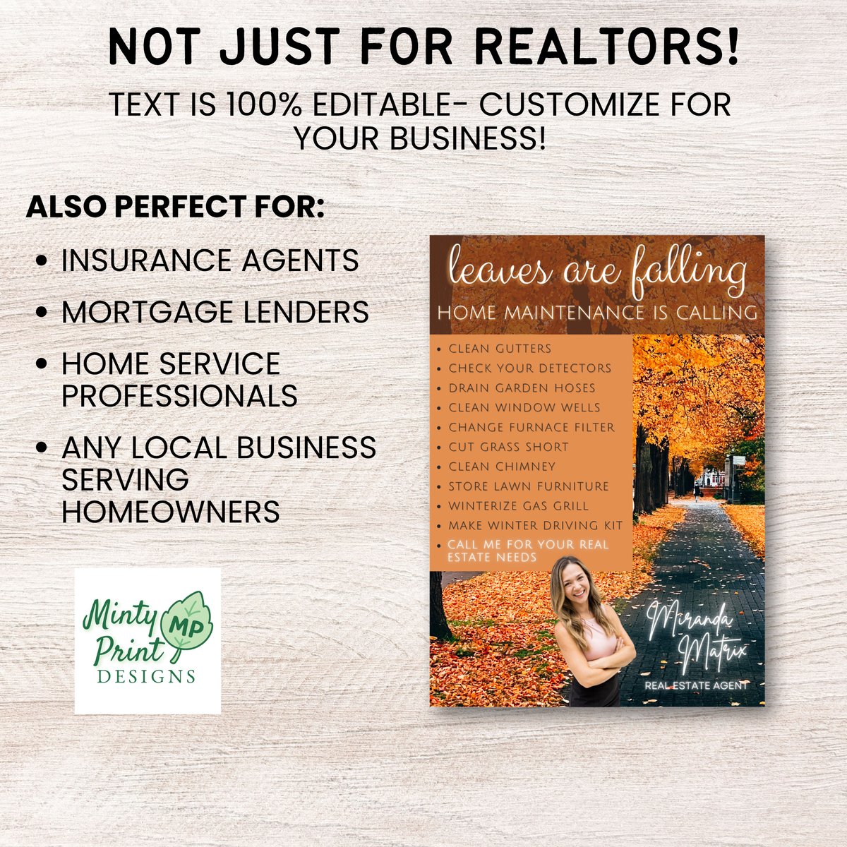 Real estate postcard template with fall maintenance reminders, QR code and agent contact information