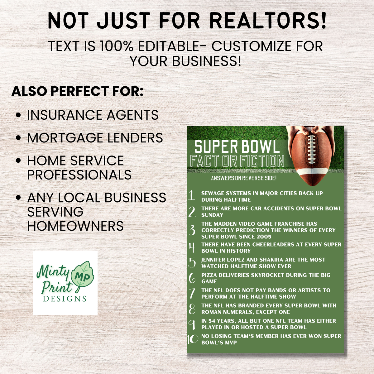 Super Bowl Fact or Fiction 5x7 realtor postcard featuring ten football trivia questions on a green football field design