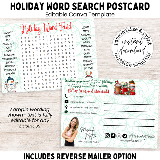 Holiday and Christmas word search postcard editable Canva template