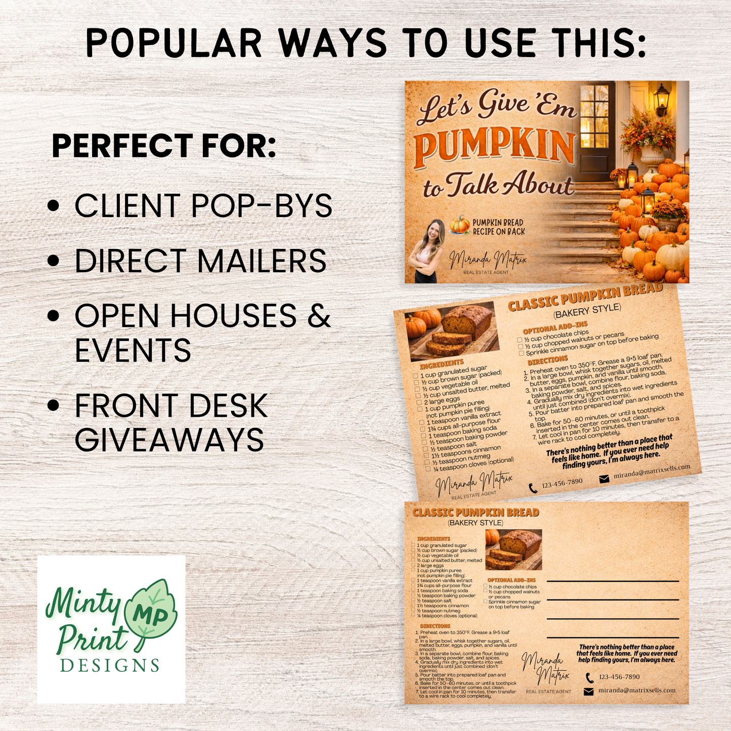 Thanksgiving realtor mailer with pumpkin bread recipe and client appreciation message