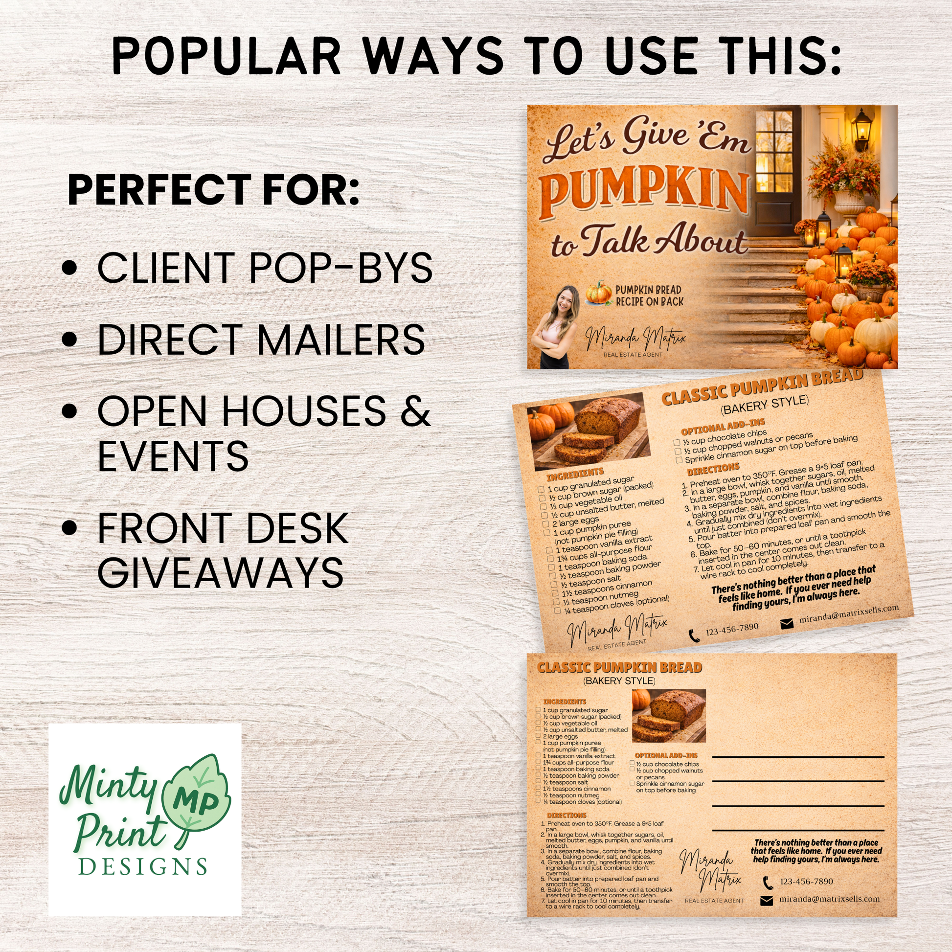 Thanksgiving realtor mailer with pumpkin bread recipe and client appreciation message