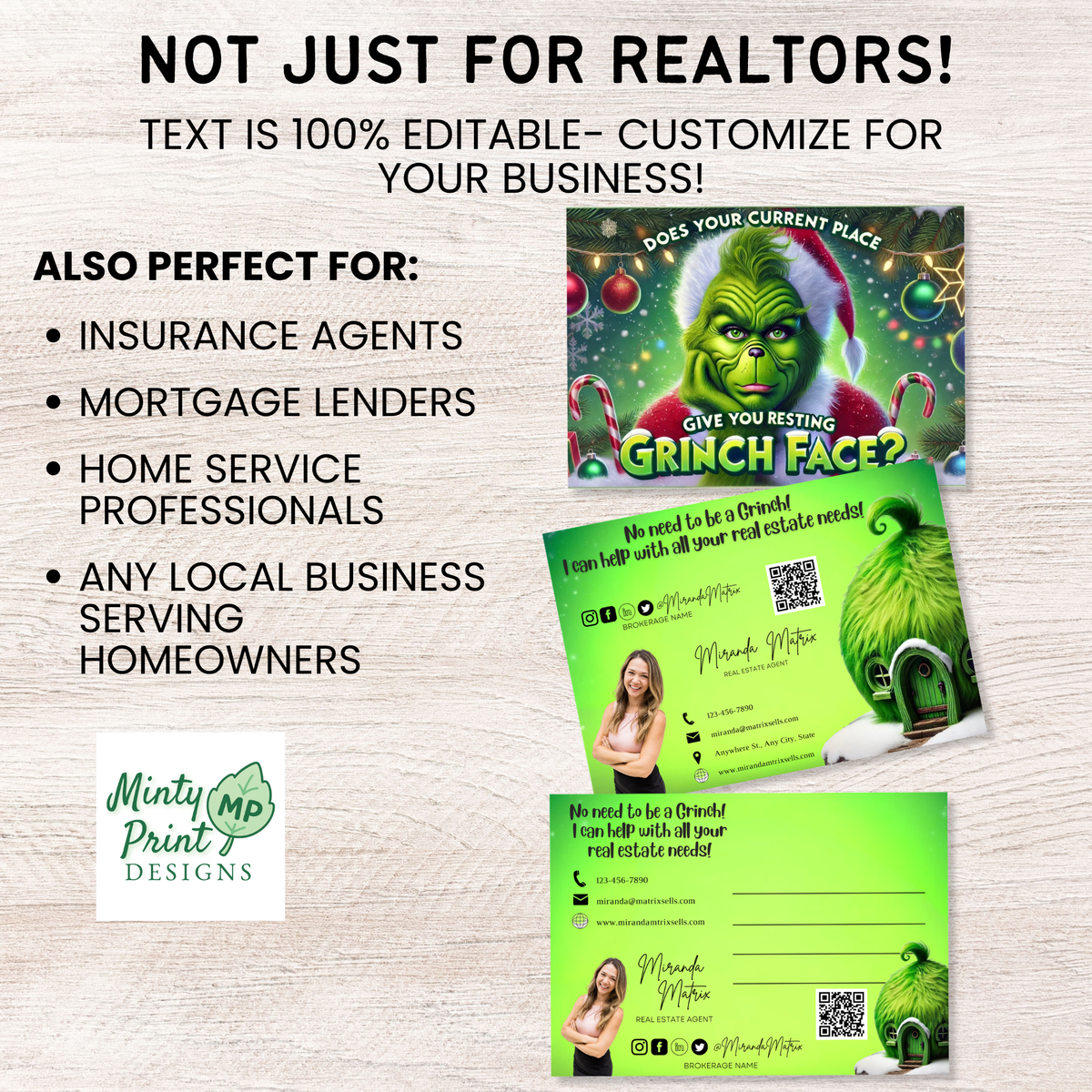 Funny realtor Christmas card with real estate contact information and handwritten message space