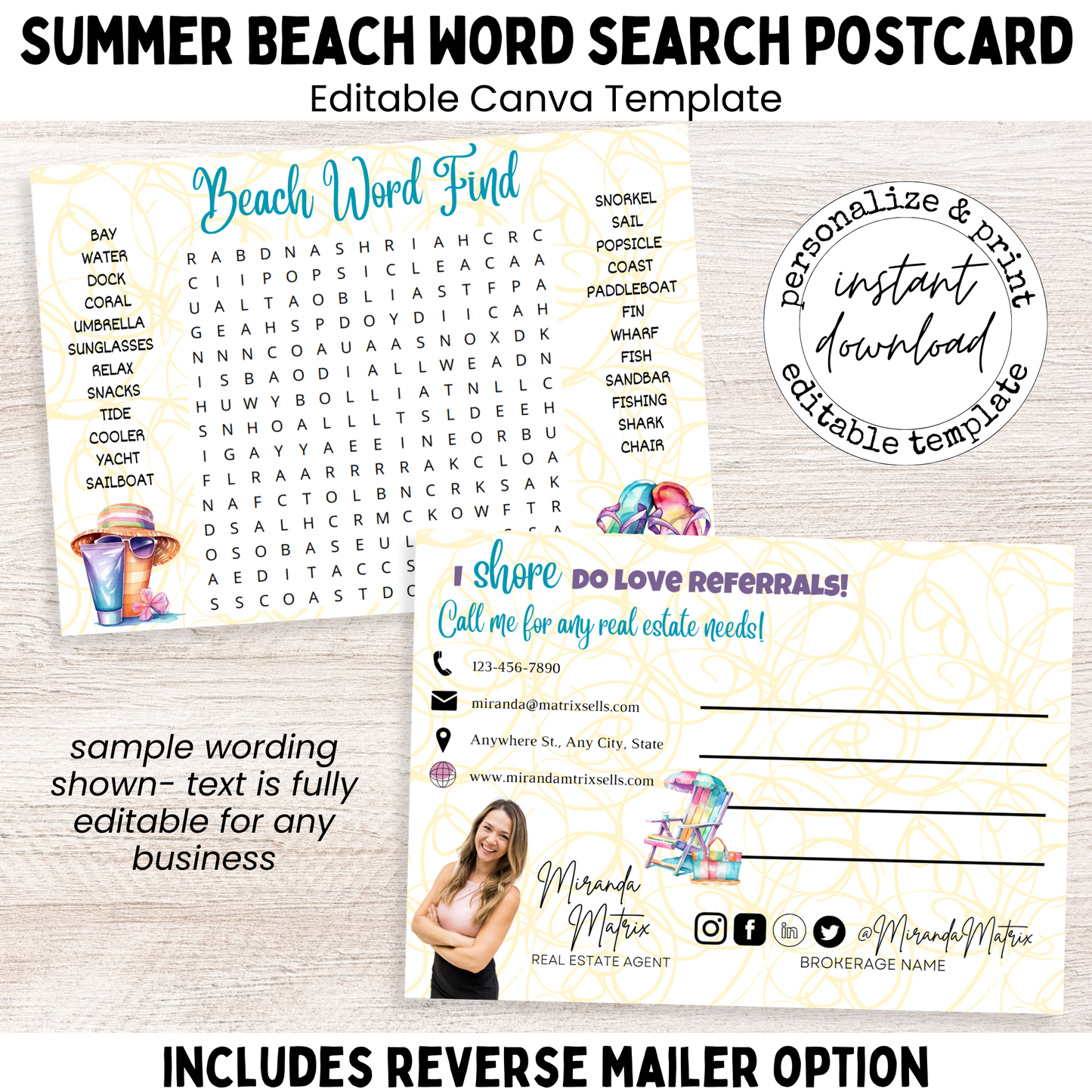 Beach word search postcard editable Canva template front and back