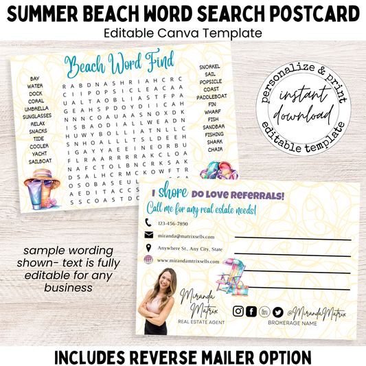 Beach word search postcard editable Canva template front and back