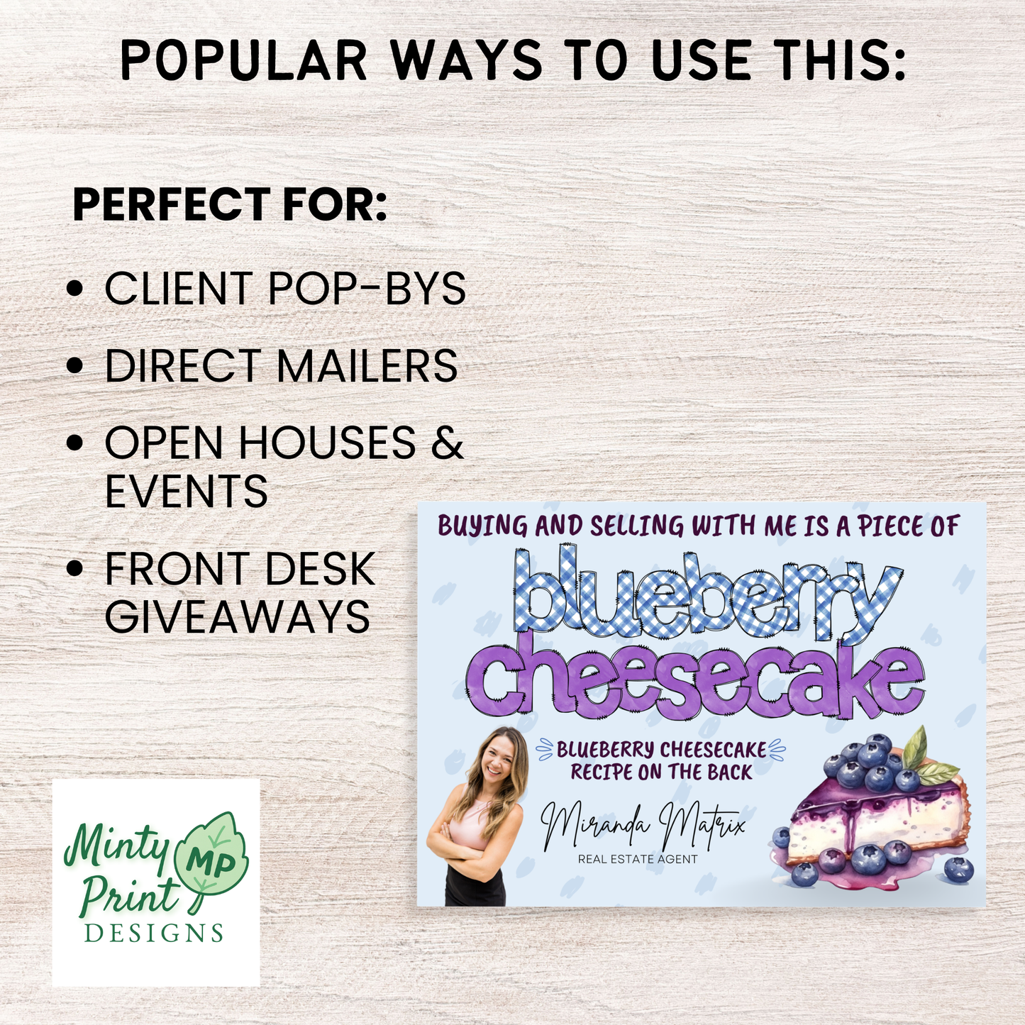 Spring real estate marketing made easy! Editable Canva postcard template featuring a blueberry cheesecake recipe—perfect for realtor client mailers.