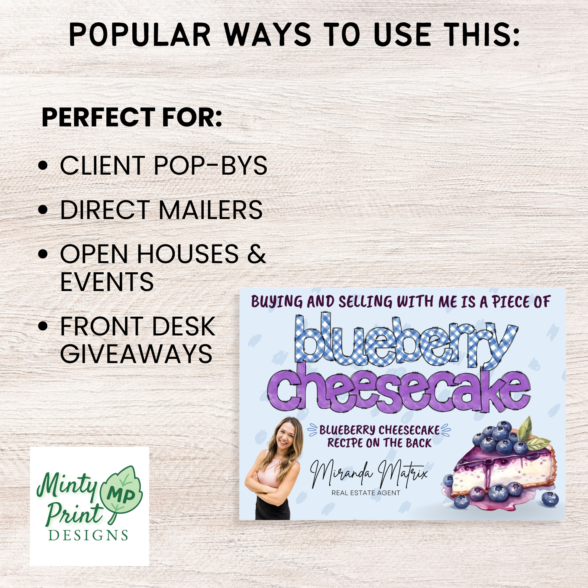 Spring real estate marketing made easy! Editable Canva postcard template featuring a blueberry cheesecake recipe—perfect for realtor client mailers.