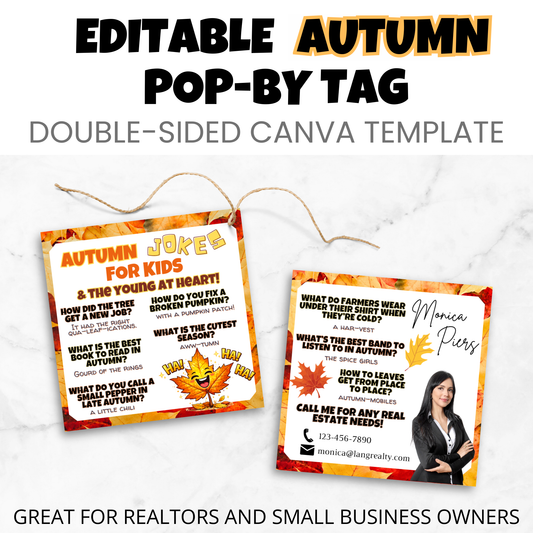 Editable autumn pop-by tag Canva template showing both front and back designs, double-sided fall client appreciation marketing tag.