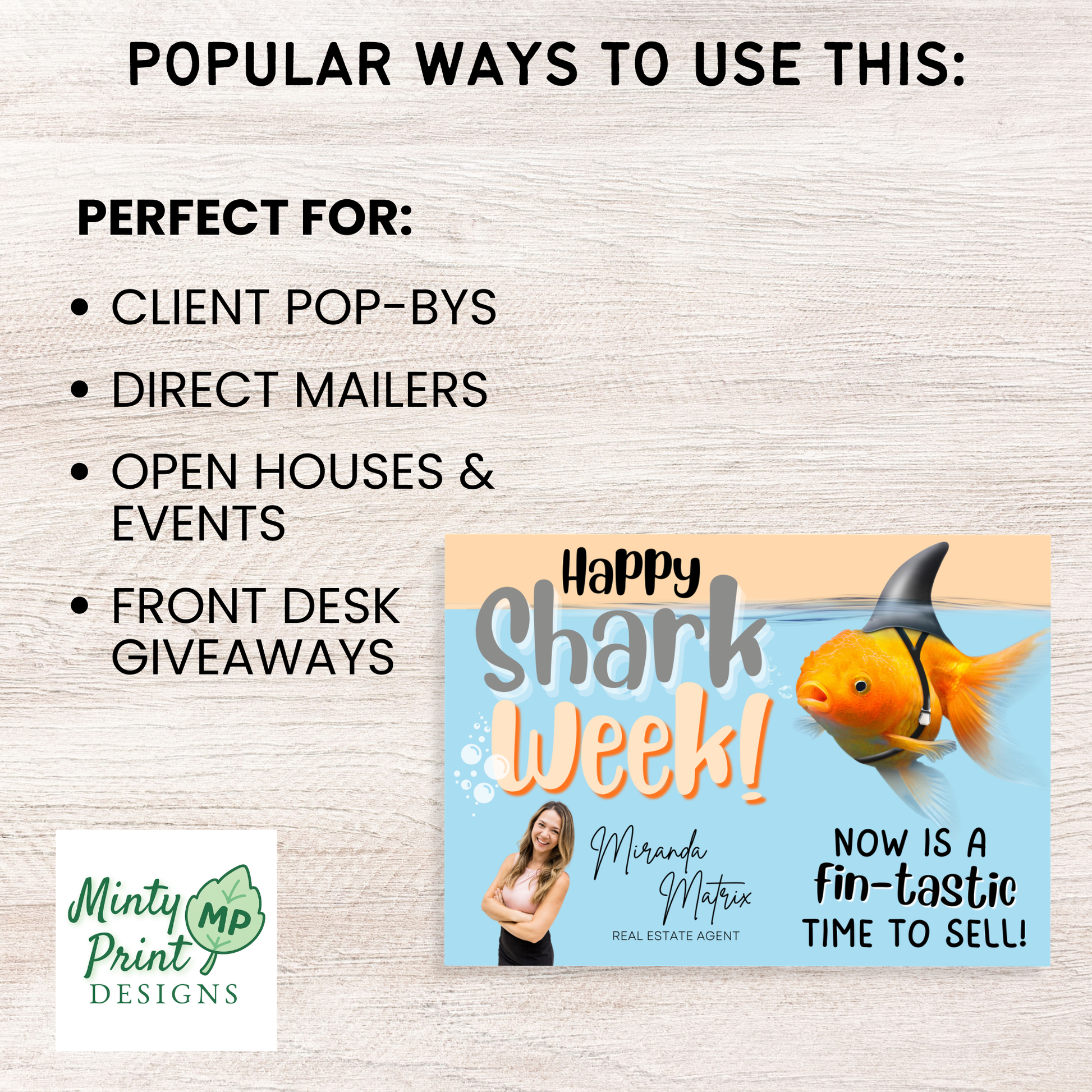 Creative real estate marketing postcard for Shark Week with cocktail and mocktail recipe paired with bright summer drink and candy garnish