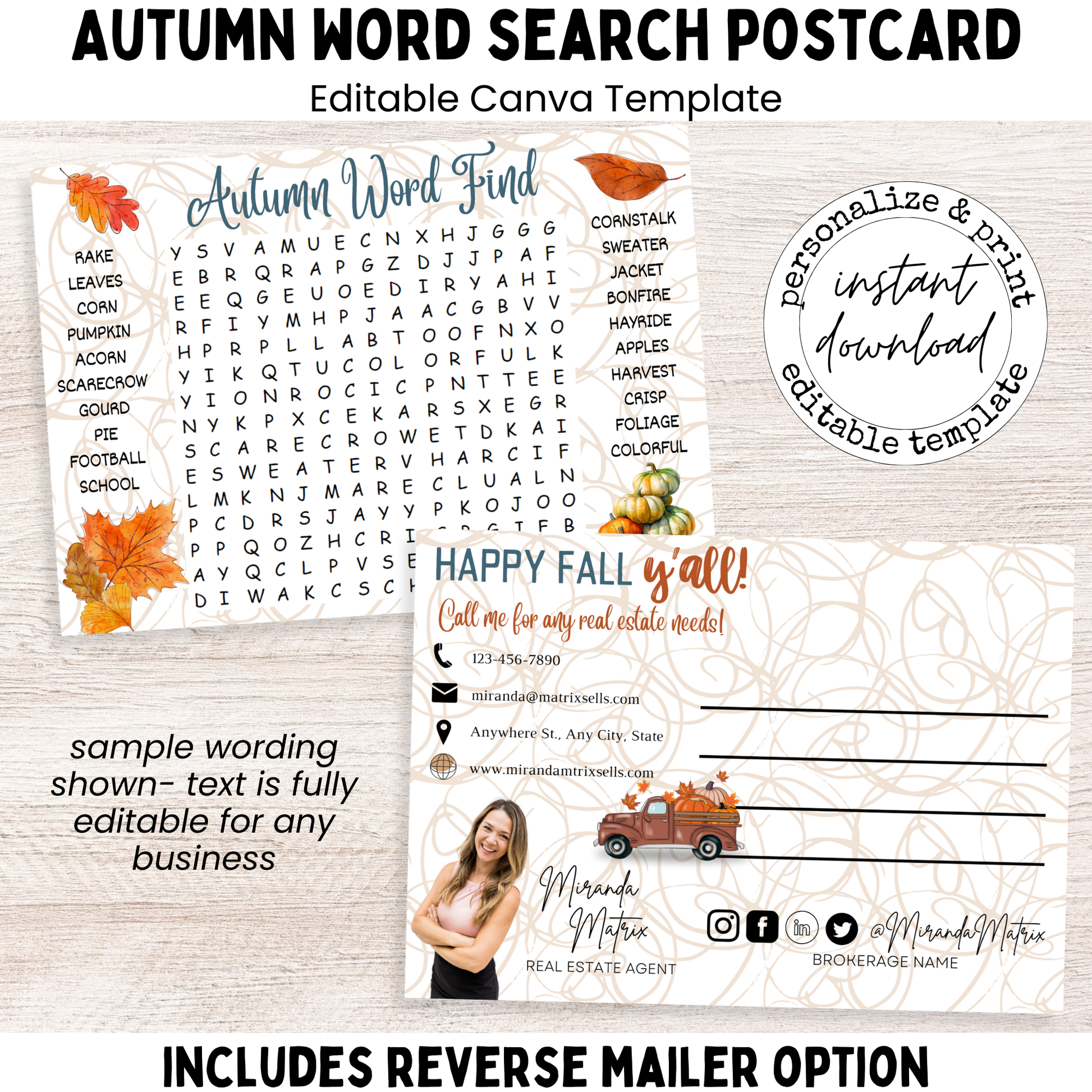 Autumn word search postcard editable Canva template front and back