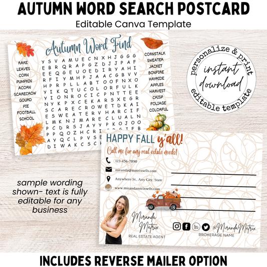 Autumn word search postcard editable Canva template front and back