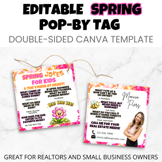 Editable spring pop-by tag Canva template showing both front and back designs, double-sided client appreciation marketing tag for realtors and small business owners.