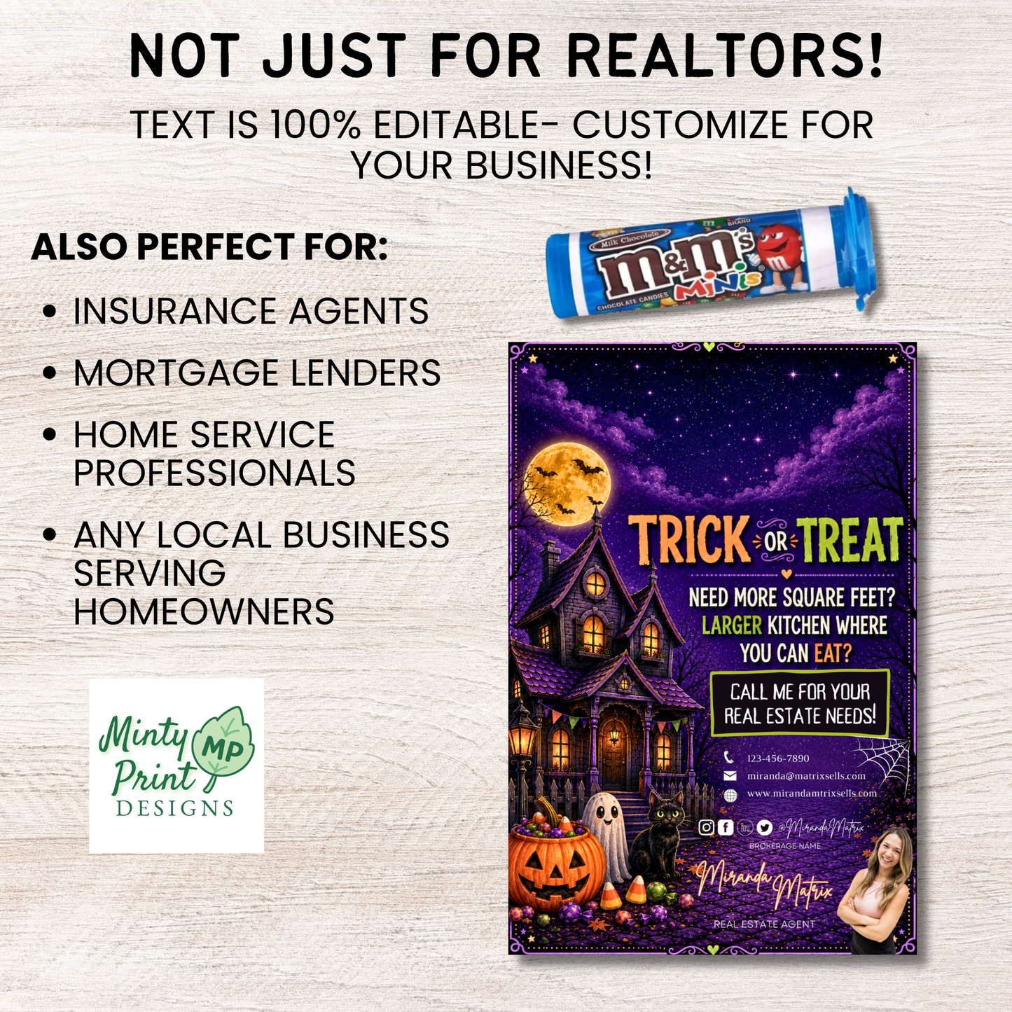 Halloween Realtor client gift printable featuring a purple haunted house scene, full moon, pumpkins, ghost, black cat, and customizable real estate branding with a candy bar attached to the top.