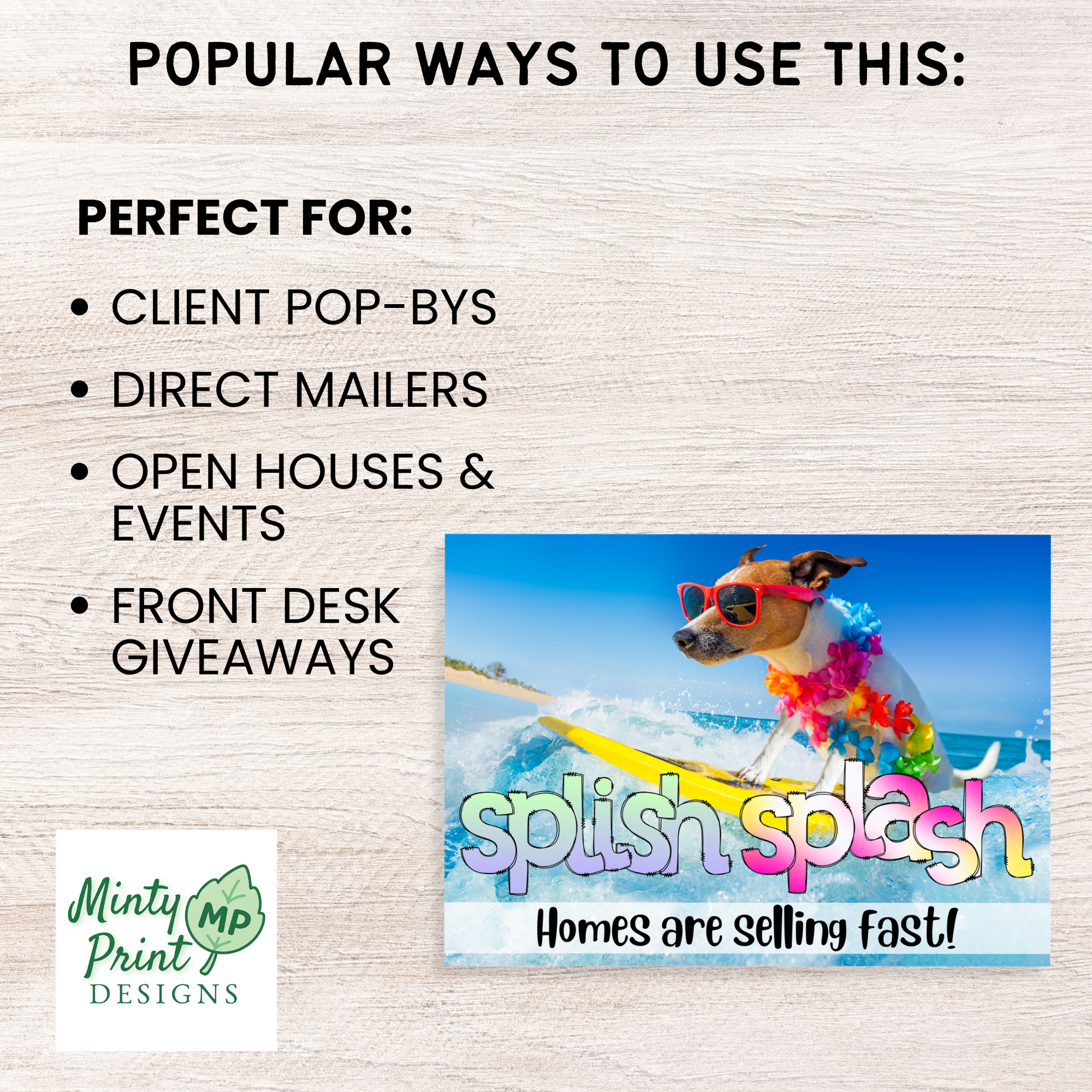 Fun beach themed realtor postcard template with drink recipe and bold colorful text