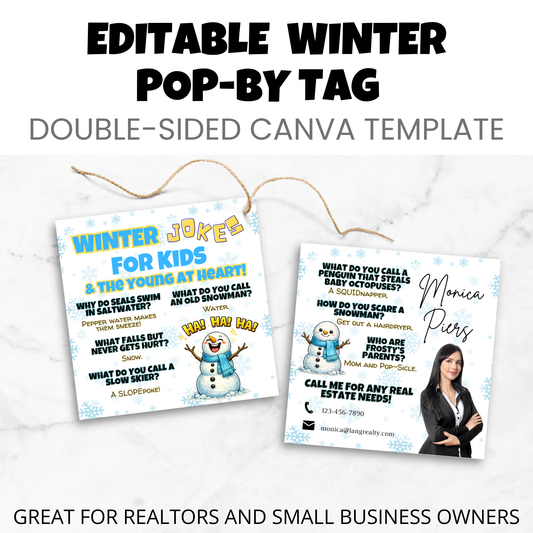 Editable winter pop-by tag Canva template showing both front and back designs, double-sided client appreciation marketing tag for realtors and small business owners.